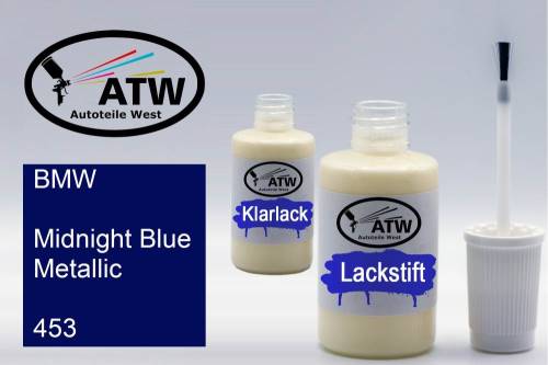 BMW, Midnight Blue Metallic, 453: 20ml Lackstift + 20ml Klarlack - Set, von ATW Autoteile West.